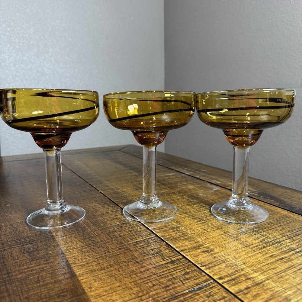 3 New Hand Blown‎ Margarita Glasses Amber Swirl HEAVY GLASS Made In Mexico